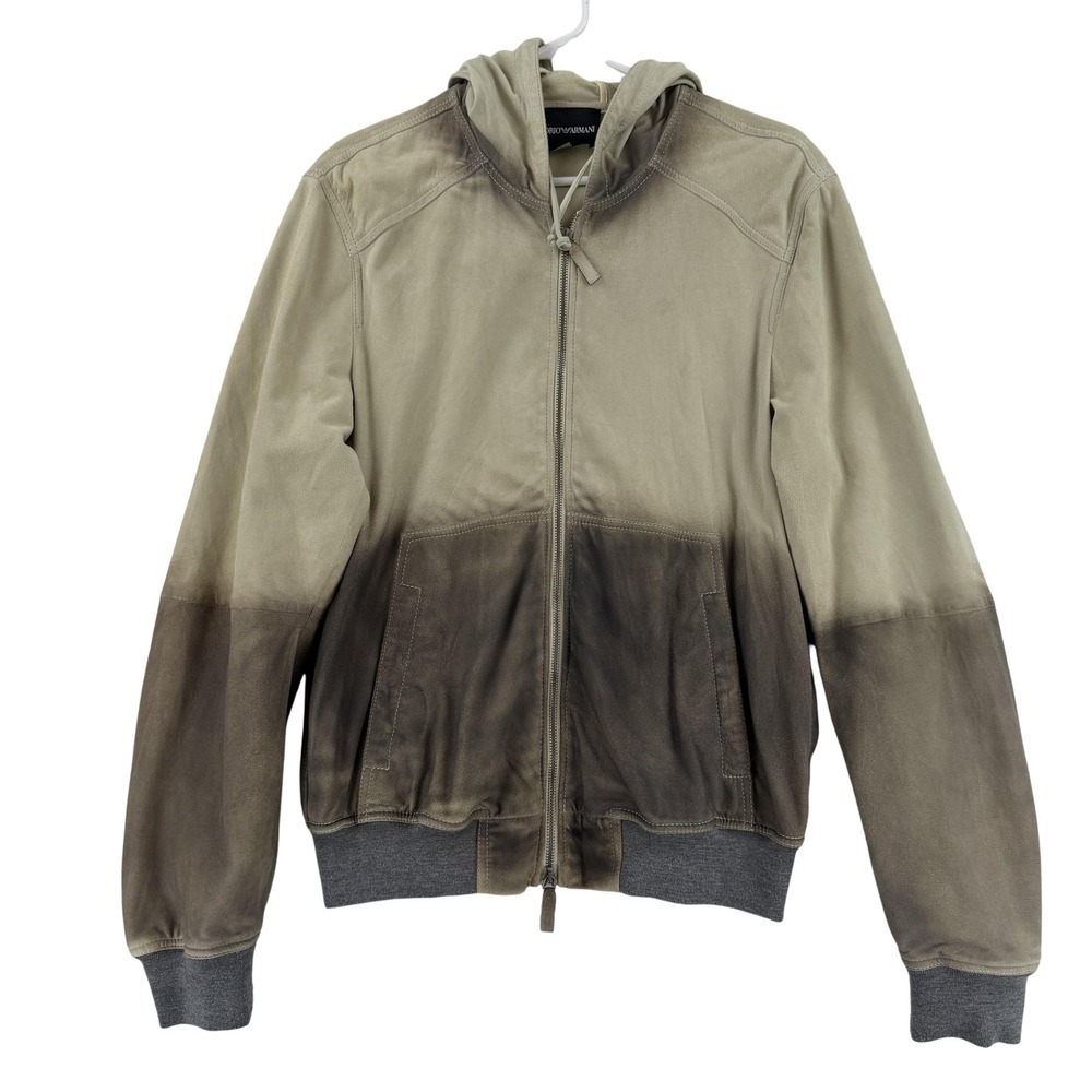 Emporio Armani Leather Jacket Mens 50 M Brown Goat Hoodie‎ Full Zip Bomber Y2K